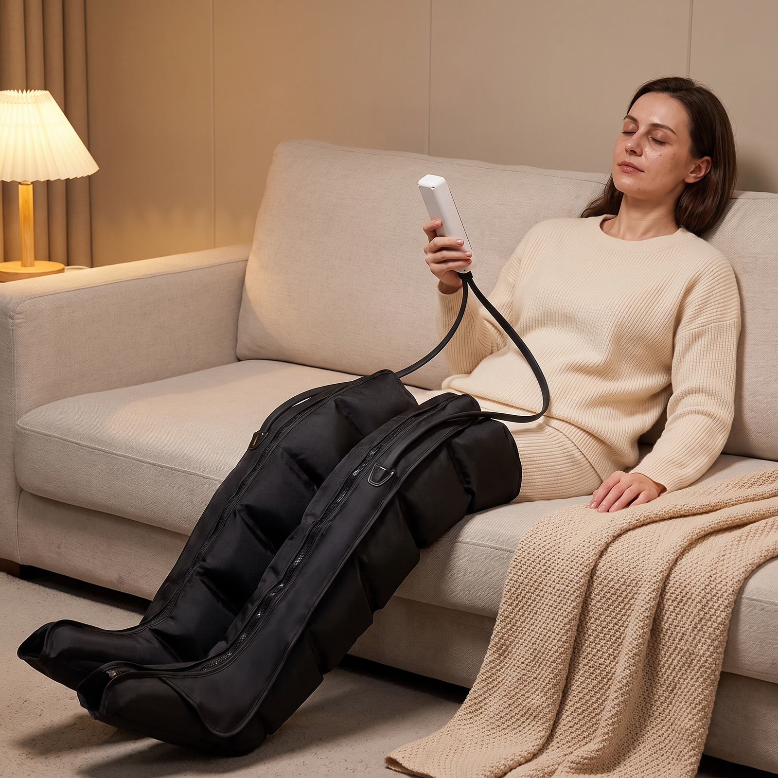 Woman relaxing on sofa wearing LegLull boots on both legs