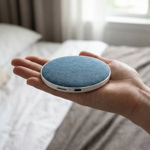 DriftDisc resting on an open palm showing how small and thin it is