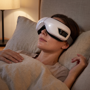 Woman lying in bed wearing the HushHalo eye massager