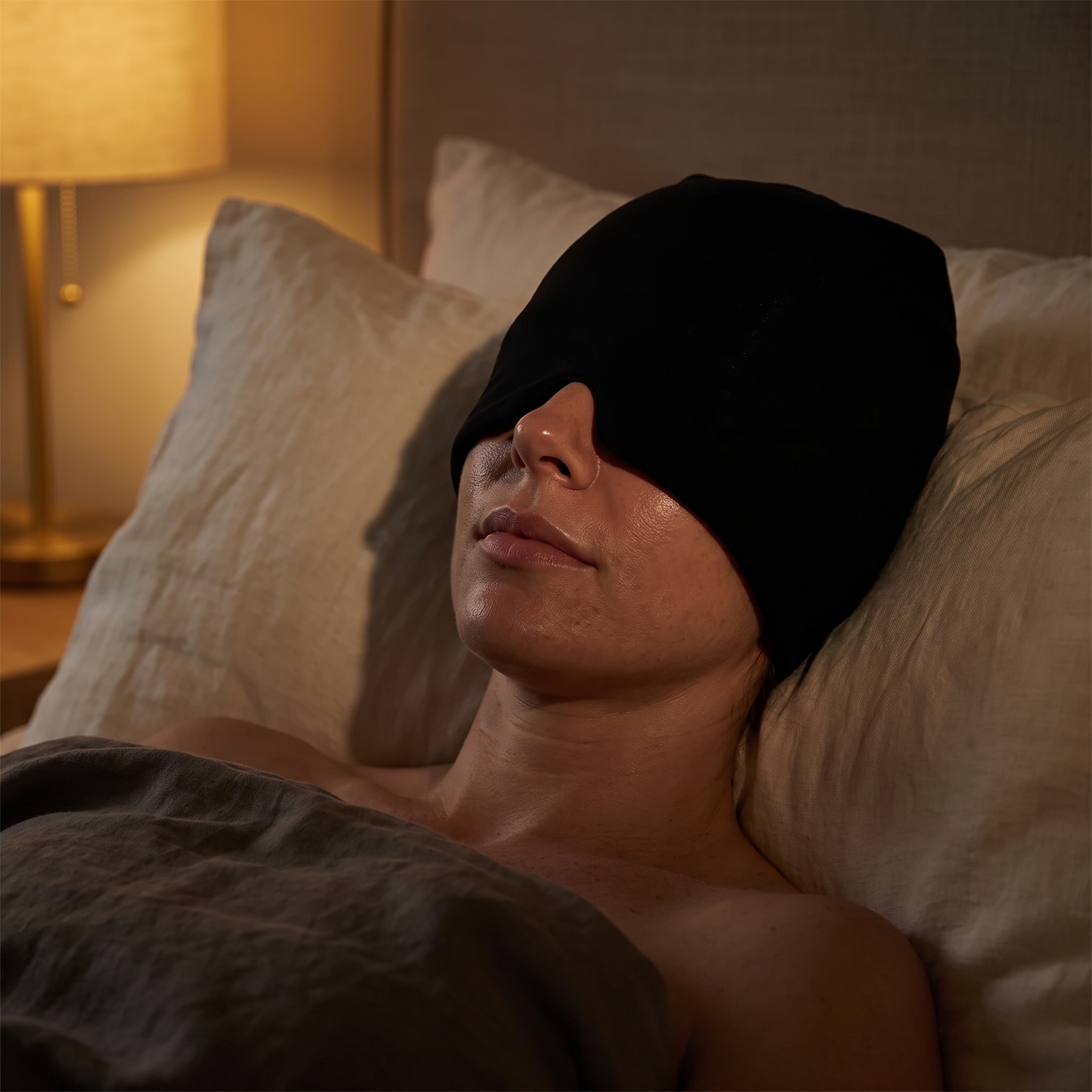 Woman resting with the FrostVeil hood pulled over her eyes