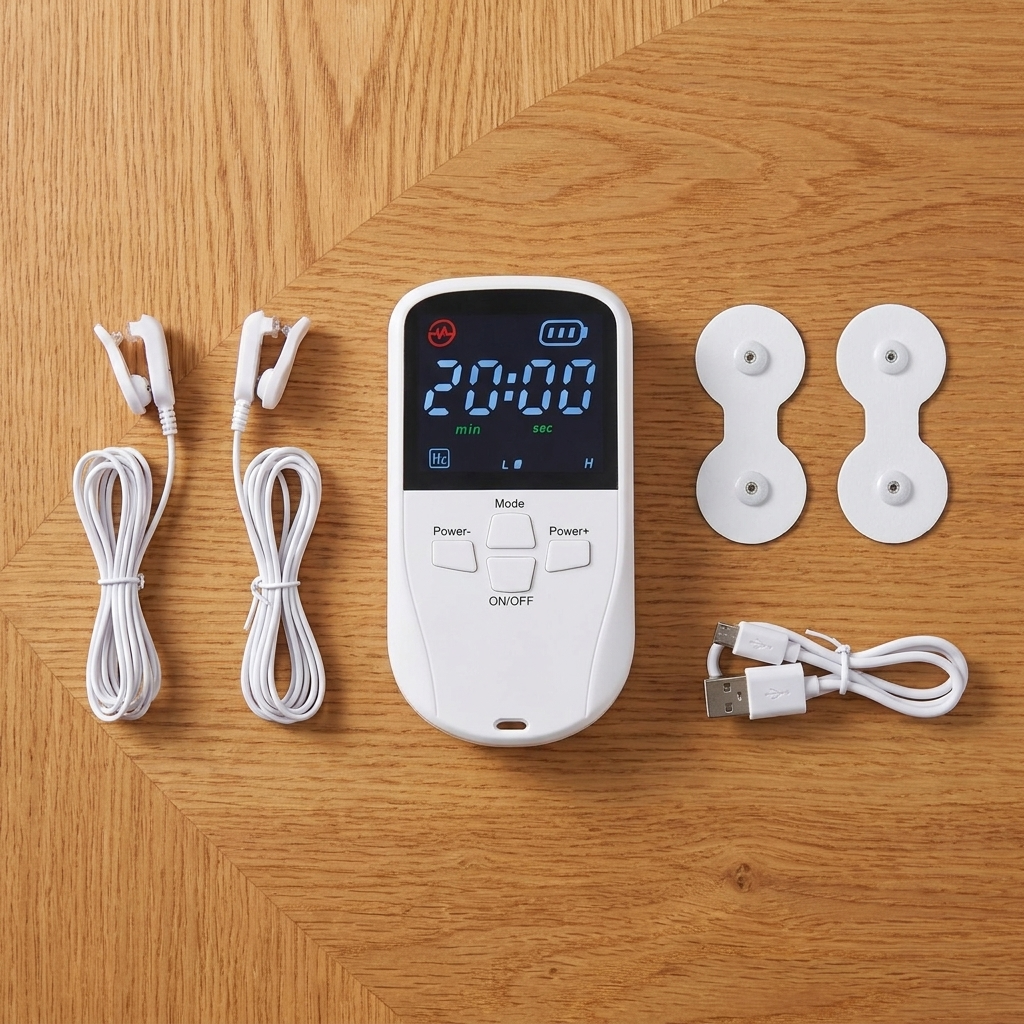 What's in the box: device, ear clips, spare pads, charging cable