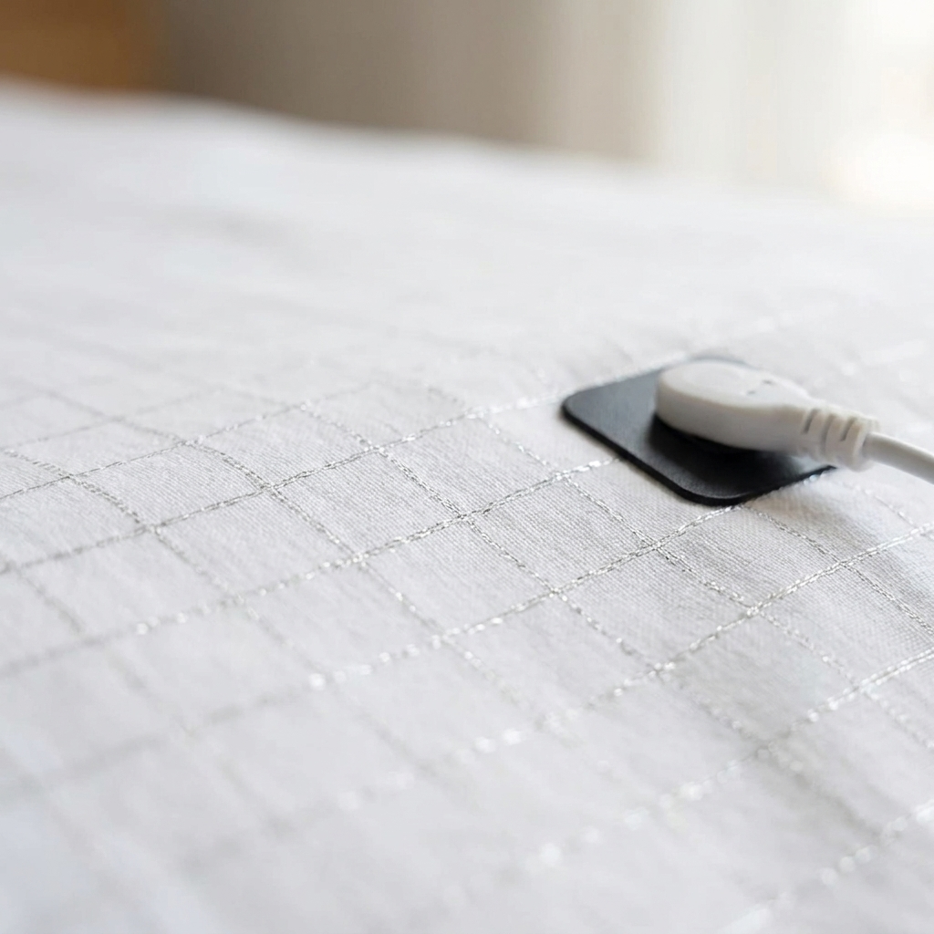 Macro of the silver conductive grid weave and snap plate