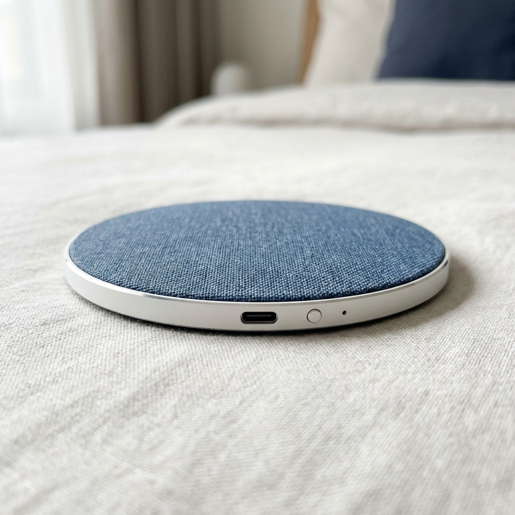 Close-up of the DriftDisc edge showing the USB-C port, button and LED