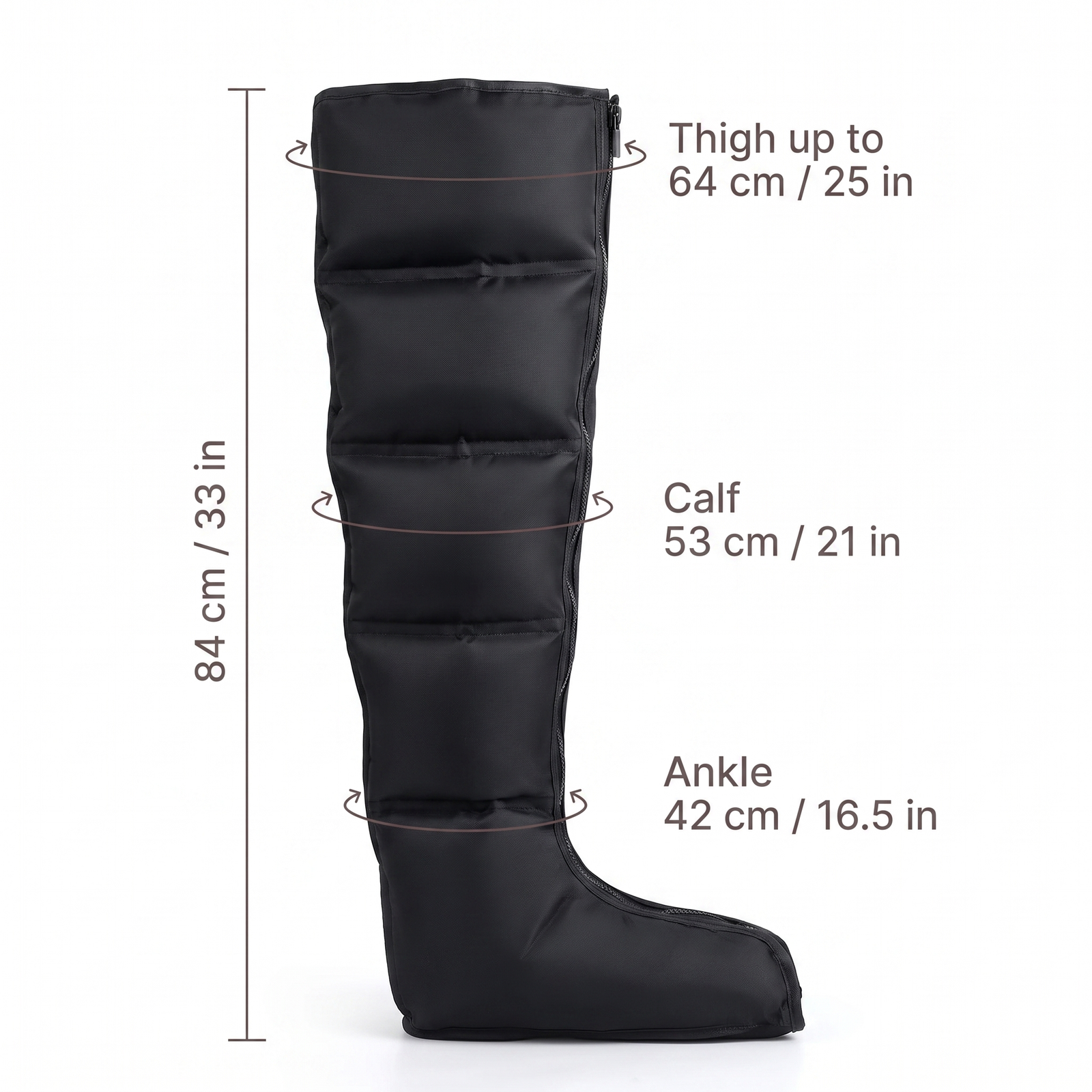 LegLull dimensions: 33 in tall, fits thigh up to 25 in, calf 21 in, ankle 16.5 in