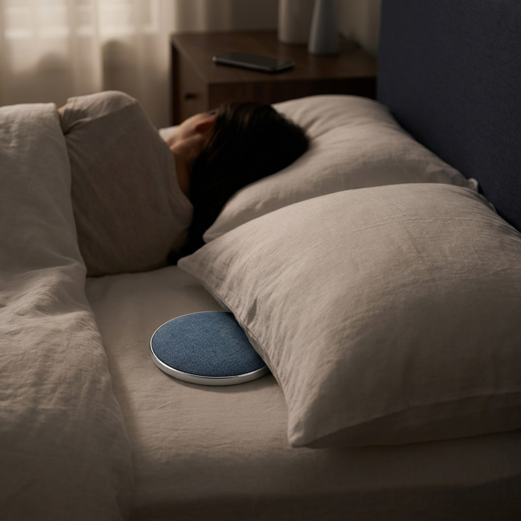Night bedroom, one person asleep while DriftDisc plays under the other pillow