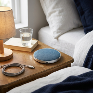 DriftDisc on a nightstand with a lamp, book and USB-C cable